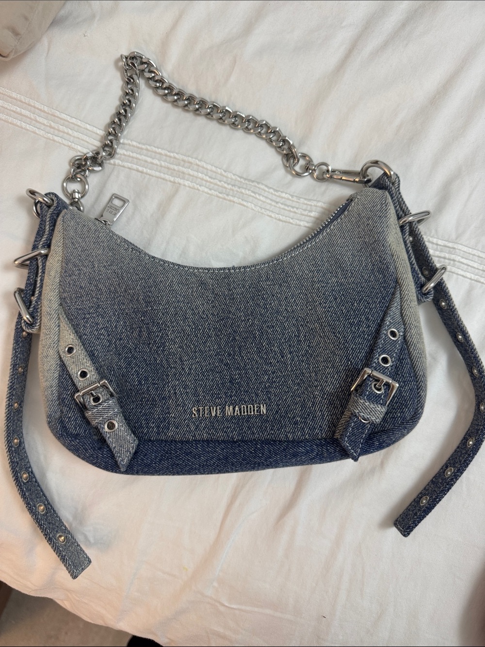 Steve Madden Denim Shoulder Bag in Blue-Gray with Silver Hardware